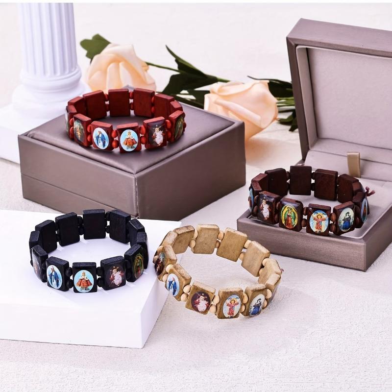 Wooden Rosary Bracelet - Elegant Religious Icon Stickers, Drip Oil Finish, Spiritual Beaded Prayer Jewelry For Devotional Wear