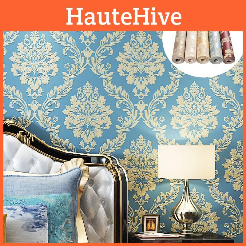 Luxurious Non-sticky Non-woven Wallpaper In Gorgeous Cream Gold Khaki And Blue Shades rosso