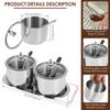 Stainless Steel Sugar Bowl Set with Glass Lid Spoon and Tray Rustproof Seasoning Box Round Condiment Pots Polished Shiny Sugar