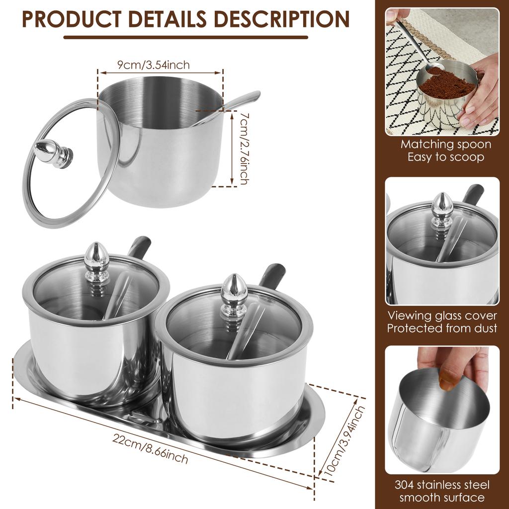 Stainless Steel Sugar Bowl Set with Glass Lid Spoon and Tray Rustproof Seasoning Box Round Condiment Pots Polished Shiny Sugar