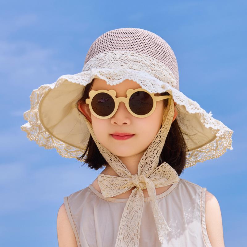 Children's Hat Summer Outdoor Travel Sunscreen Hat Hollow Breathable Straw Visor Lace Large Brim Bucket Hat
