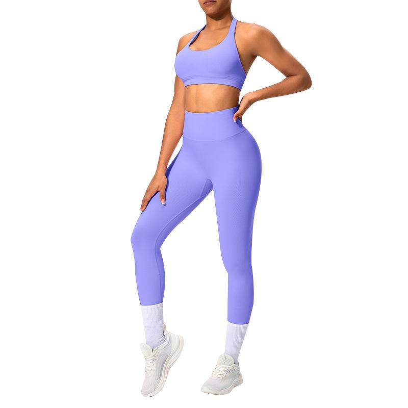 European & American Halter Neck Backless Sports Bra and High-Elastic Seamless Fitness Leggings Yoga Set for Women