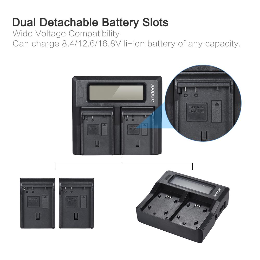 Andoer EN-EL15 Dual Channel Digital Camera Battery Charger W/ LCD Display Replacement for Nikon