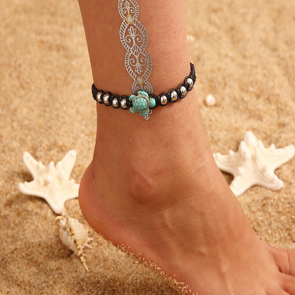 Bohemian Retro Wax Rope Mixed Color Woven Turquoise Sunflower Handmade String Mixed Color Rice Bead Multi-Layer Anklet