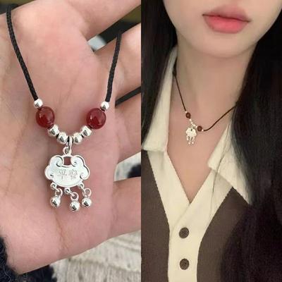 New Chinese Necklace Ins Student Safety Lock Ethnic Style Handwoven Longevity Lock Bell Pendant