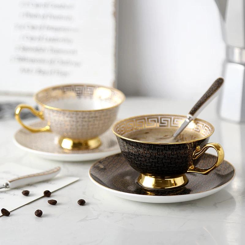 1 Set Light Luxury Bone China Coffee Cup and Saucer White/black Grid Tea Cup Gold Edge Inlay Tableware Gift