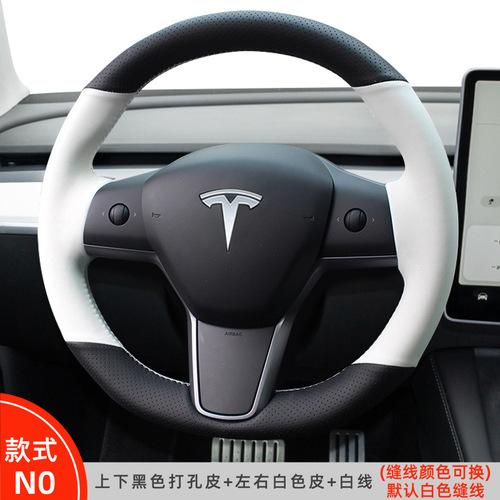 Hand Stitched black white Genuine Leather suede car Steering Wheel Cover For Tesla Model 3 2015-2021 Model Y 2019-2021