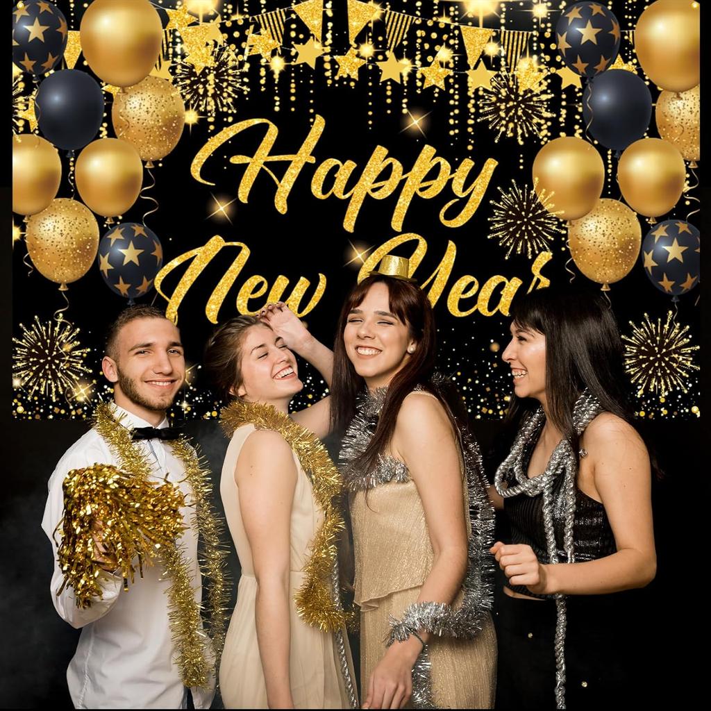 Black Gold Happy New Year 2026 Banner, Large New Years Eve Banner, NYE Birthday Party Decorations Background for Friend, Family, Indoor, Outdoor,