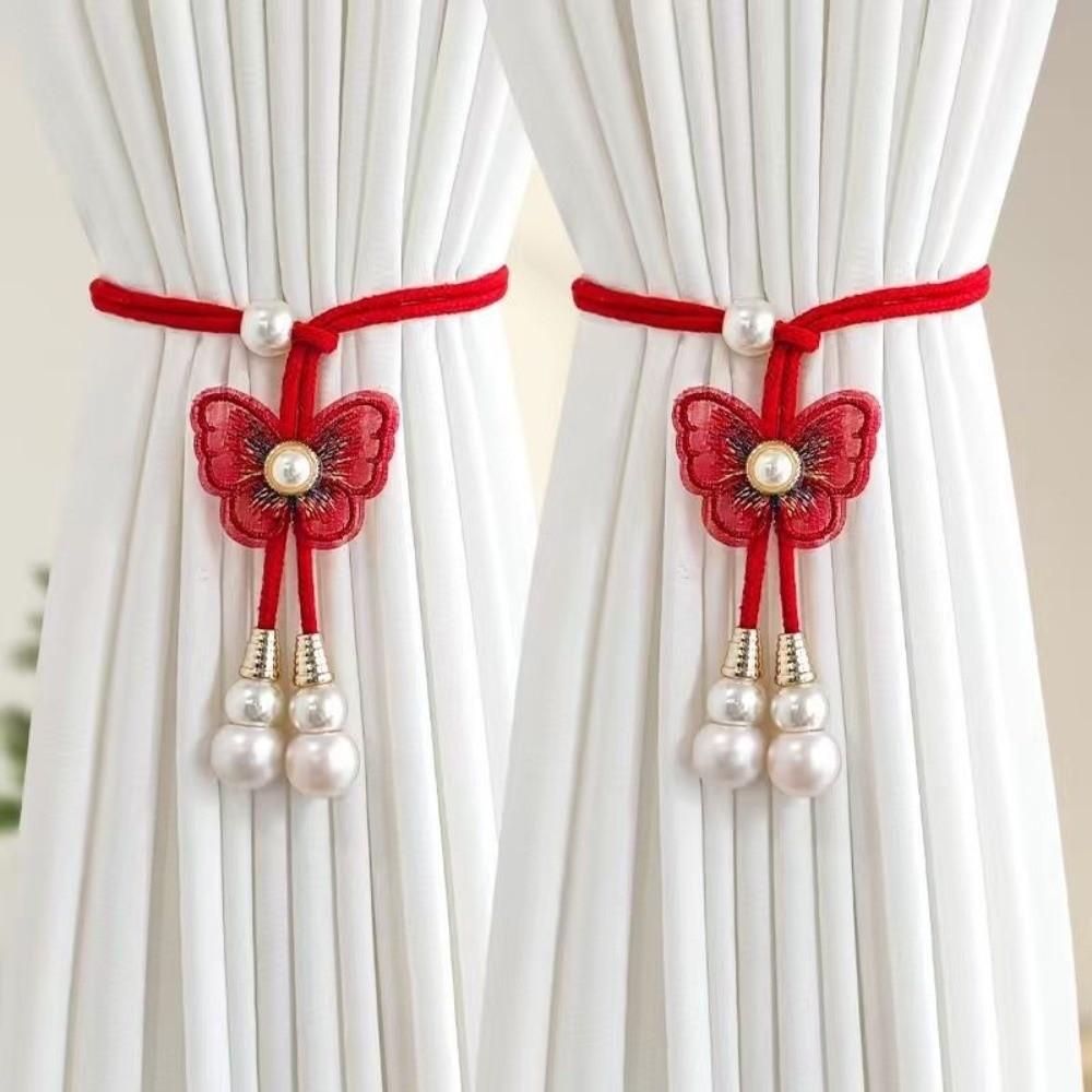 2PCS Adjustable Butterfly Curtain Tiebacks Curtain Holder Artificial Pearl Pearl Curtain Buckle Decorative Curtains Tie Rope