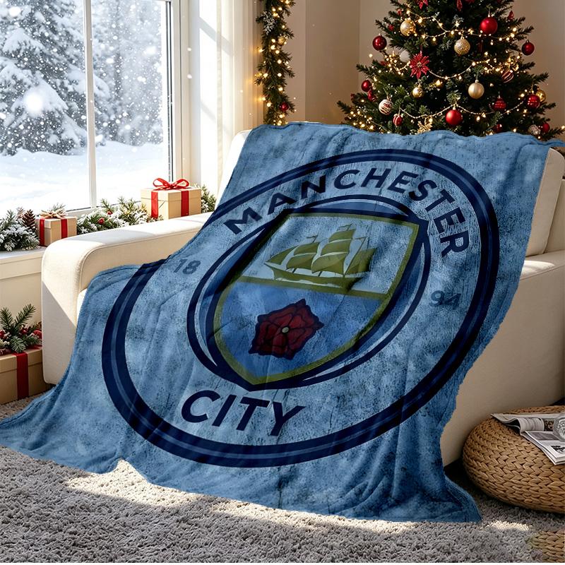 Manchester City FC Pattern Blanket for Home Decoration, Bed, Sofa, Car Travel, Camping, Suitable for All Seasons, Birthday Christmas Gift