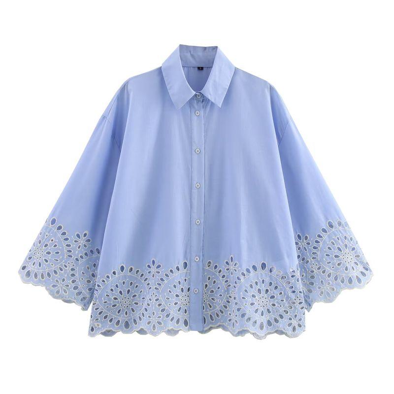 Kaslead New Arrival Women's Fashion Style Fashion Hollowed-out Embroider Poplin Shirt 2435806