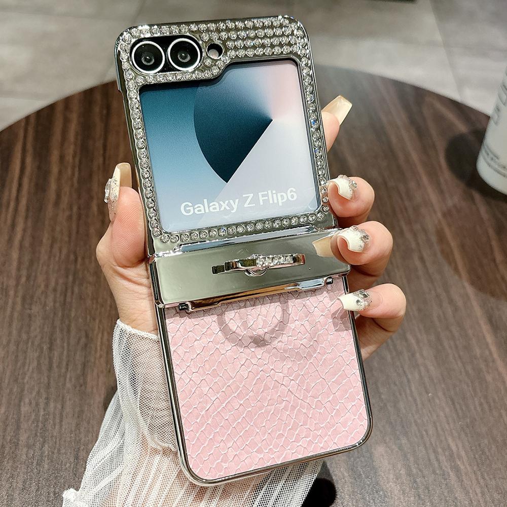 For Samsung Galaxy Z Flip7 FE 5G/Z Flip6 5G Case Fish Scale Texture Ring Holder PC Rhinestone Phone Cover