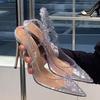 Transparent Crystal Bag Head Sandals Women's Summer 2025 New Rhinestone Pointed Head Shallow Mouth High Heels Rear Empty Stiletto Shoes