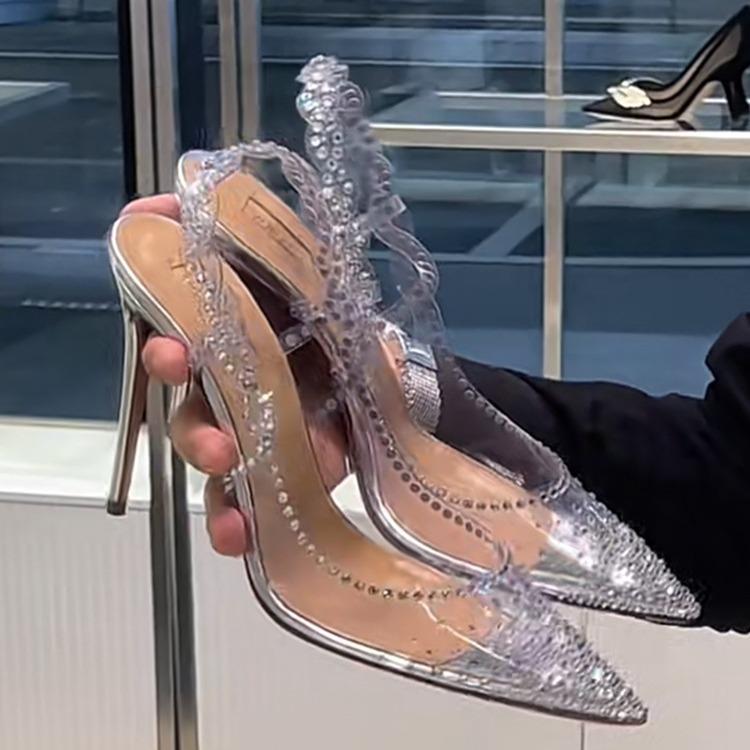 Transparent Crystal Bag Head Sandals Women's Summer 2025 New Rhinestone Pointed Head Shallow Mouth High Heels Rear Empty Stiletto Shoes
