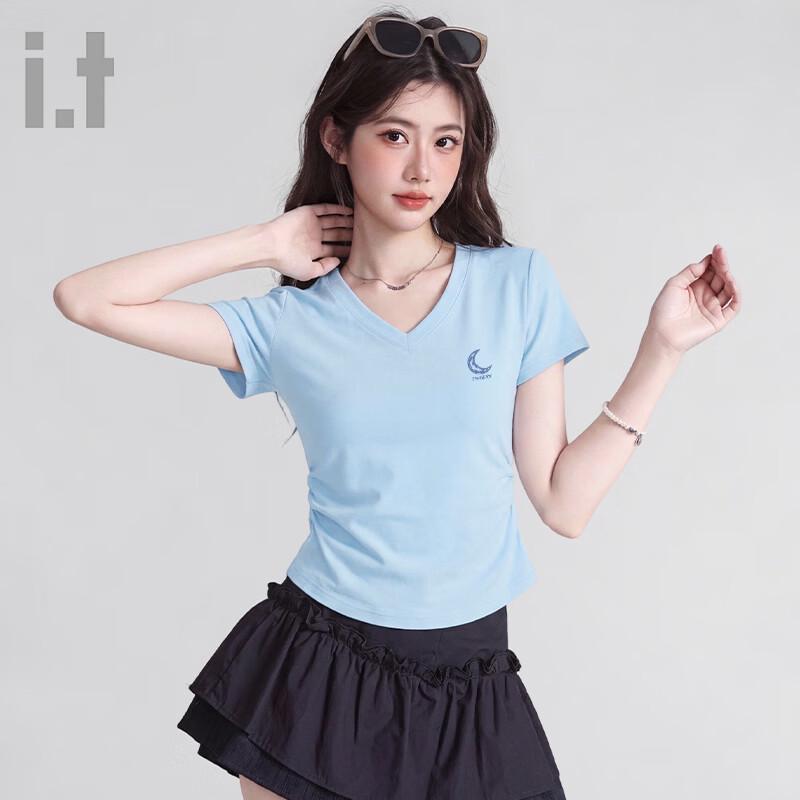 Fingercroxx IT Women s Ruched V-Neck Short Sleeve T-Shirt L небесно-голубой