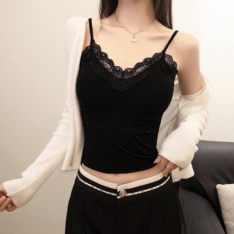 French Pure Desire Lace V-Neck Camisole with Chest Pads - Women s Spring/Summer 2026 One Size (Recommended 40-60kg) чёрный