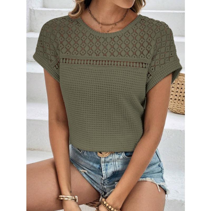 Fashion Round Neck Summer Lace Blouses New Short Sleeve Hollow Out Loose Shirts Women Elegant Breathable Vintage Women Casual Solid Ladies Tops 3493