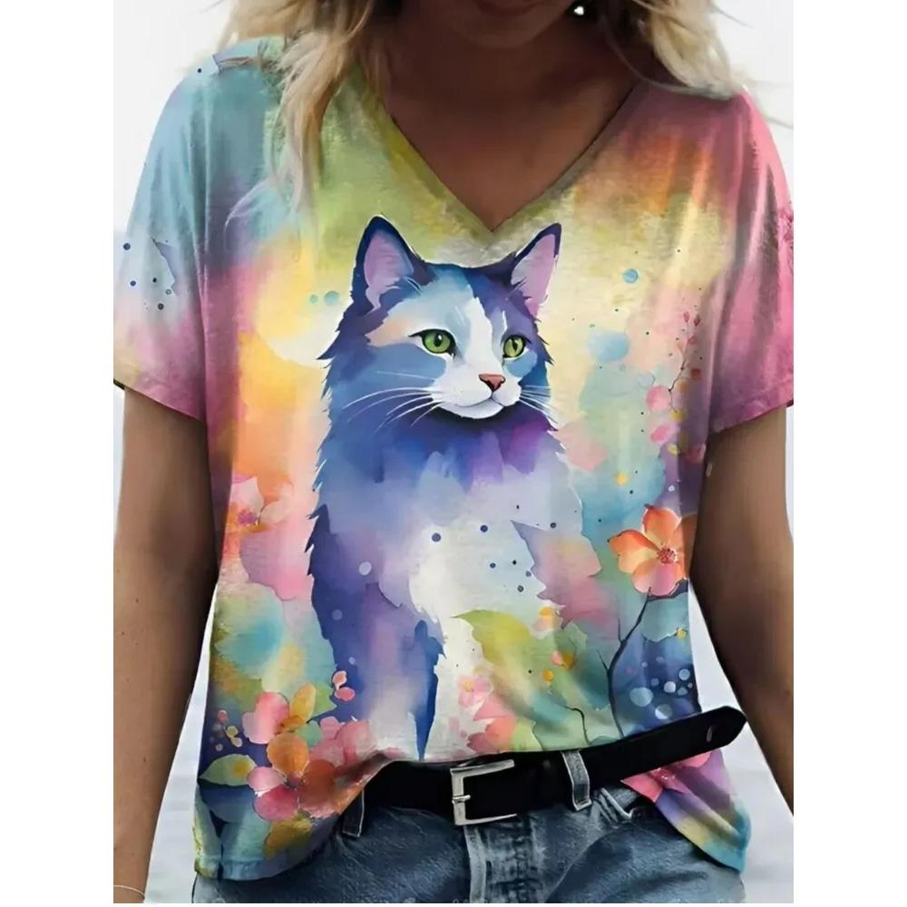 Summer V-neck Funny Cat Pattern 3D Printed Top Fashionable Casual Short Sleeved Women's T-shirts