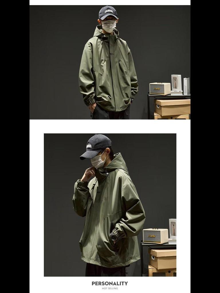 Herren Lockerer Kapuzen-Bergsteigerjacke: Japanische Mode, Amerikanisch Lässig, Frühling/Herbst