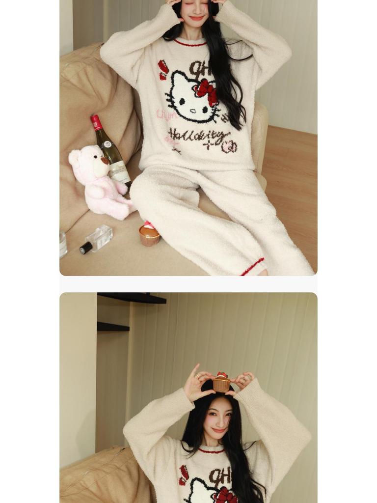 2025 Autumn/Winter Women's KT Cat Thickened Velvet Pajamas Set - Warm Long-Pile Fleece Homewear