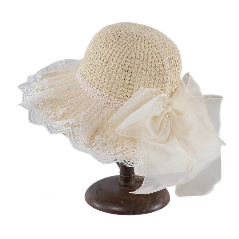 Lace Mesh Sun Hat Women'S Summer Eaves Straw Woven Sun Hat Foreign Style Bow Sun Hat