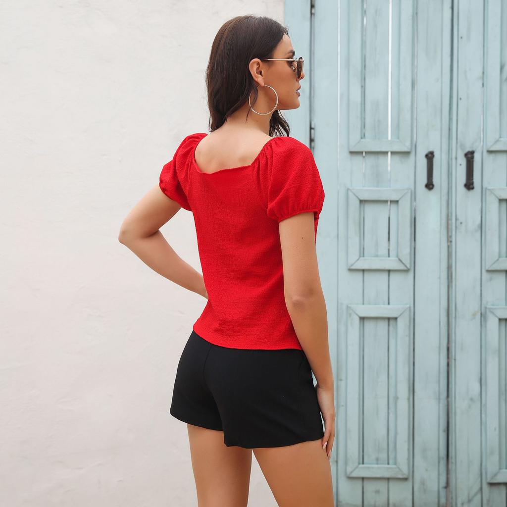 BITCED 3 Color V-neck Puffed Sleeve Pleated Buttons Decorated Chiffon Short Sleeve Top for Women Summer