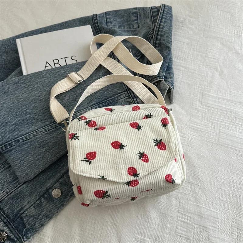 

Large Capacity Corduroy Hobos Crossbody Bag Cute Strawberry Printing Women’s Shoulder Bag Female Shopping Work Date Party Bags