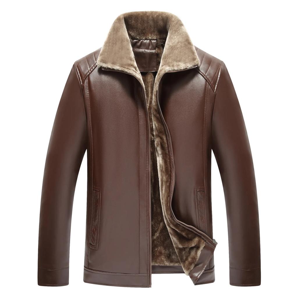 Men's Winter Fashion Solid Color Fur Integrated Fleece Thickened Warm Leather Jacket Casual Loose Coats Man
