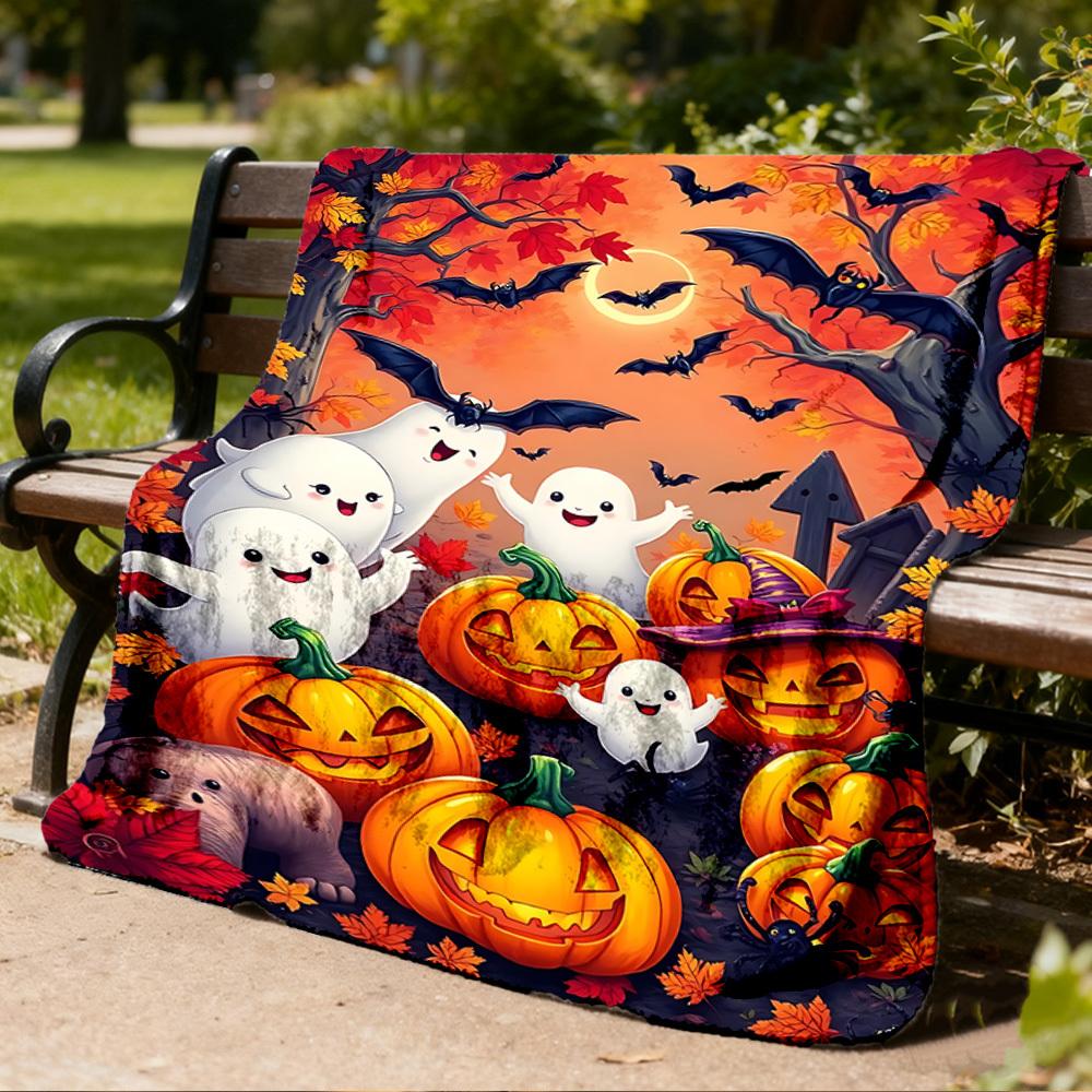 1pc Ghosts and Pumpkins Print Outdoor Blanket, Lightweight Polyester,