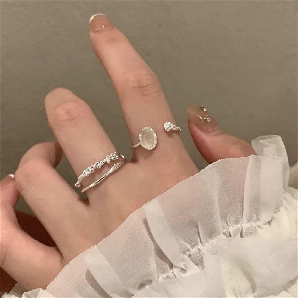 Double-layer moonstone ring Light luxury niche design ring Personality fashion temperament Versatile index finger ring