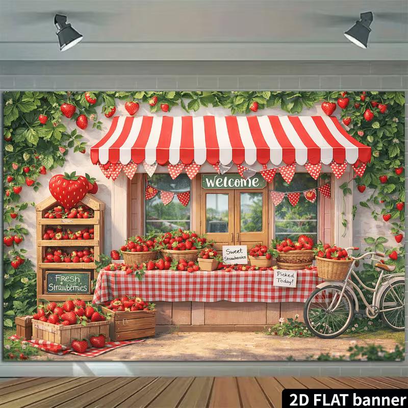 2D Summer Fruit Party Background Cloth Strawberry Shop Banner for Outdoor Decor