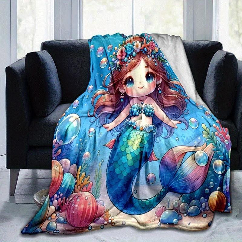 1pc Mermaid Printing Blanket - Soft, All-Season Throw for Office Blanket, | Personalized Gift with Adorable Cartoon Design