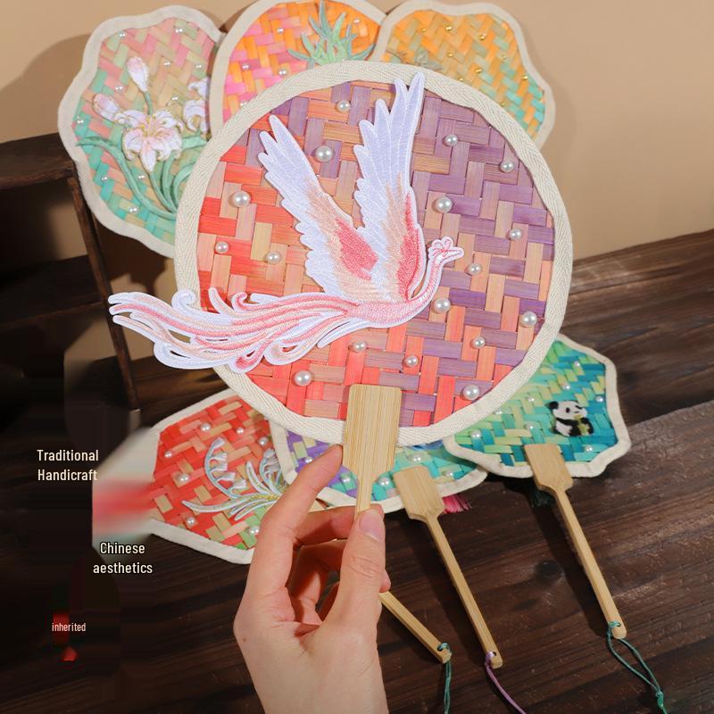 Gradient Bamboo Pearl Fan DIY Kit: Round, Handmade, Kindergarten & Parent-Child Team Building Bamboo Fan [Pink-Purple]