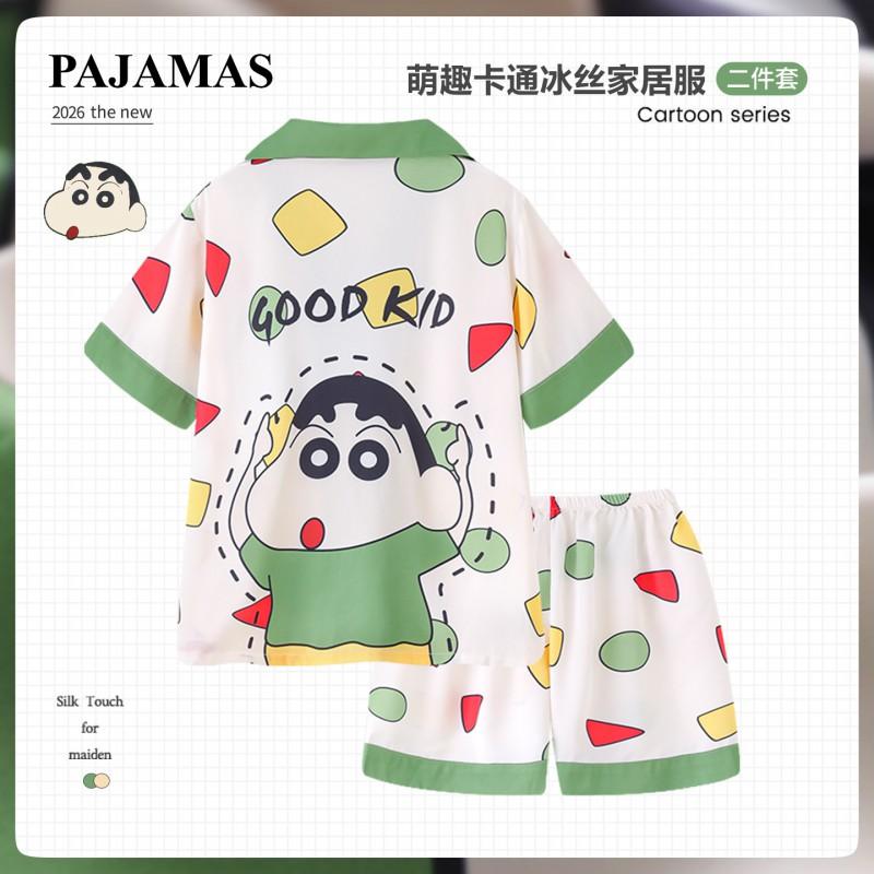 Boys Lightweight Ice Silk Pajama Set Short Sleeve Sleepwear Kids 3-8 Years Cartoon Print Two-Piece Home Wear