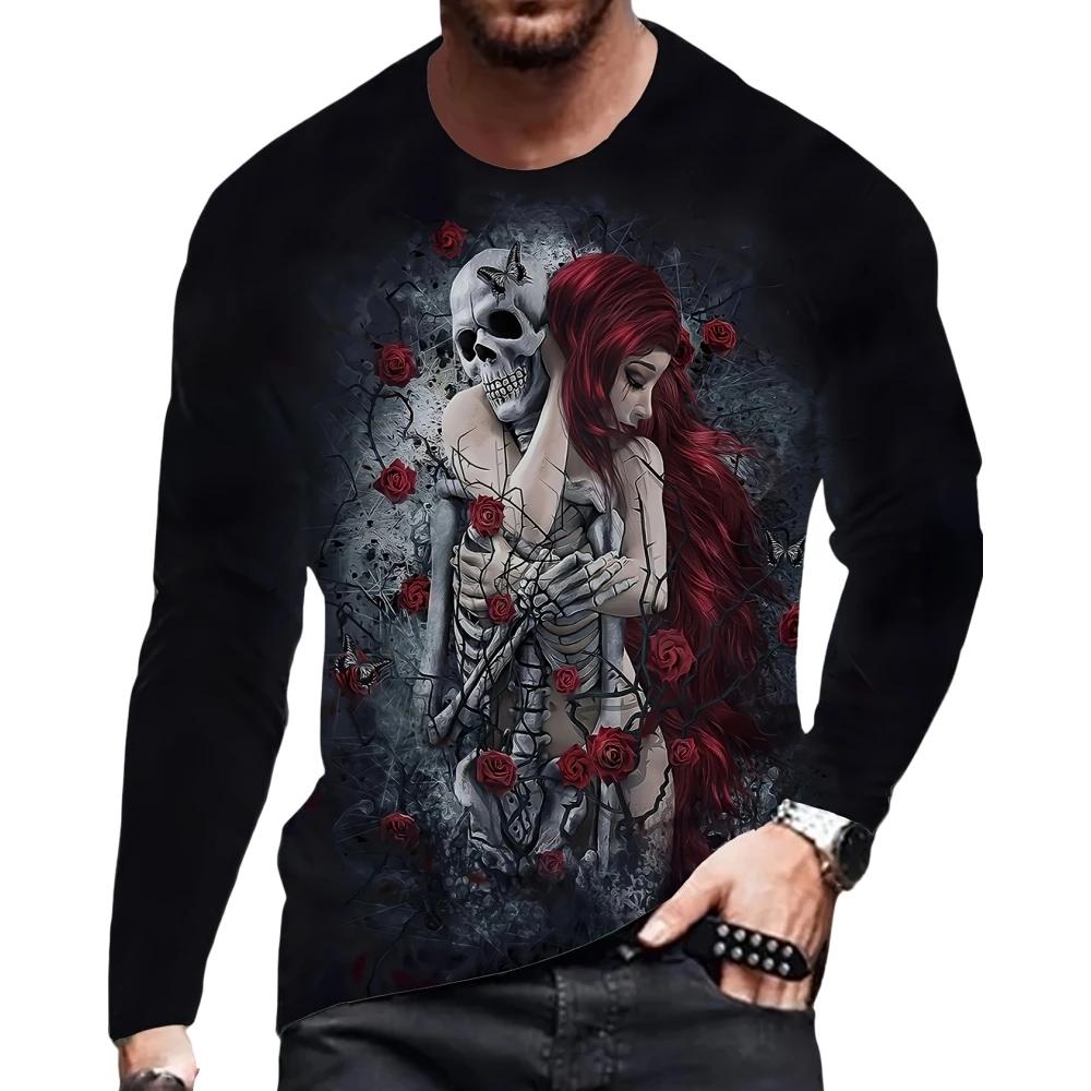 T-Shirt homme impression 3D crâne T-Shirt col rond surdimensionné T-Shirt à manches longues T-Shirts Vintage vêtements de sport vêtements pour hommes