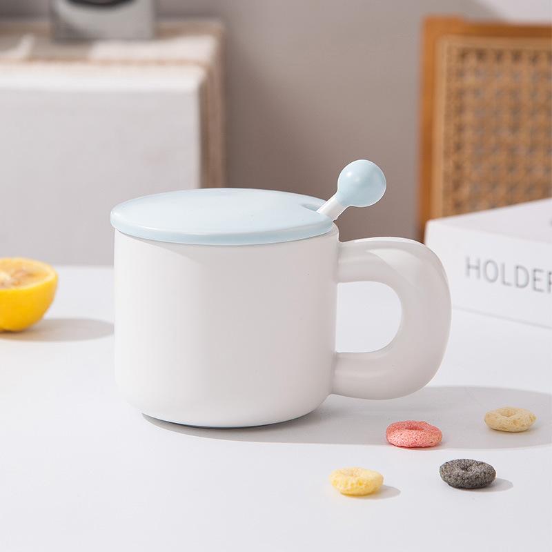 Simple Milk Fufu Ceramic Mug Big Handle with Lid Mixing Stick Coffee Cup Men and Women Breakfast Buffalo Milk Cup