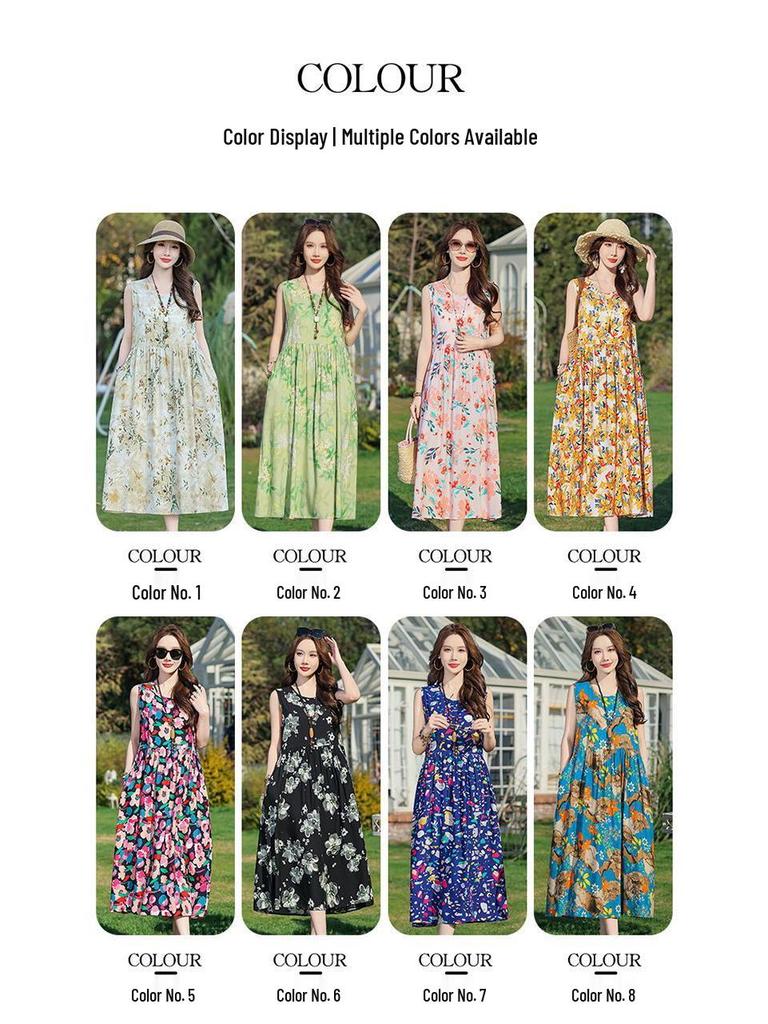 Elegant Plus Size Floral Cotton-Silk Sleeveless Summer Dress