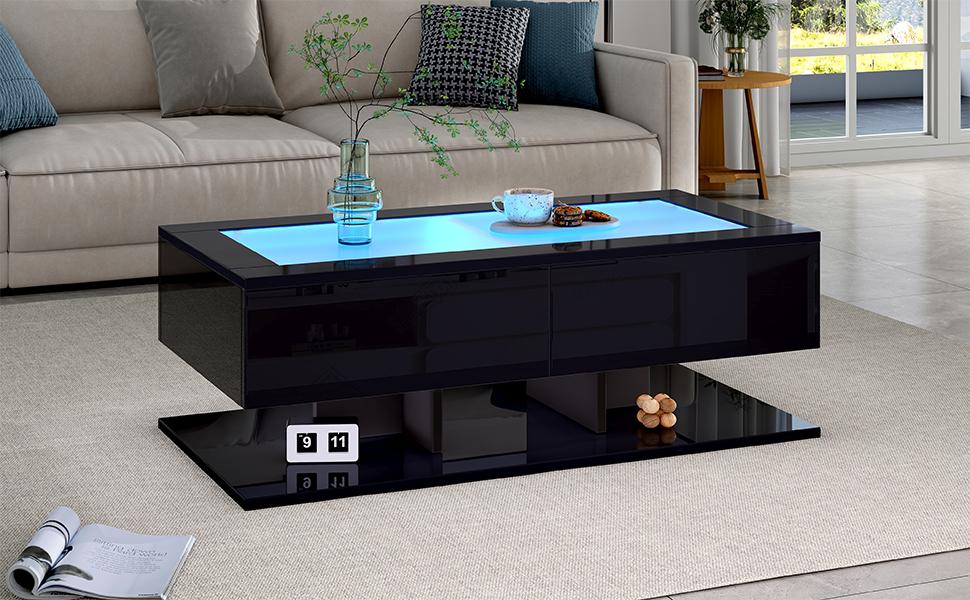 100*50*35cm Coffee Table, High Gloss Sofa Table, Living Room Table with Drawers, Coffee Table with LED Light, Glass Top, Black