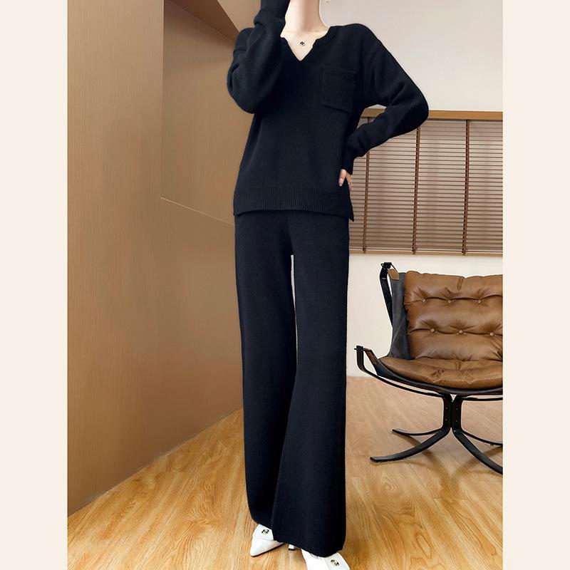 Casual Two-Piece Plus Size Wide-Leg Pants Knitwear Suit with Pockets
