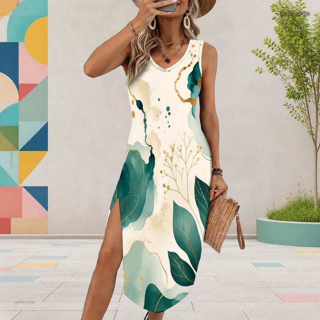 Women Plus Size Sleeveless U Neck Leaf Print Tank Dress High Side Slit Midi Dress
