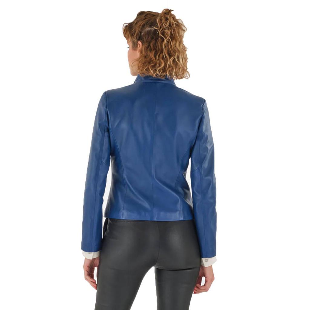 SKINOUTFIT Sexy Women's Blue Biker Jacket Genuine Lambskin Leather Slim Fit Motorcycle Coat