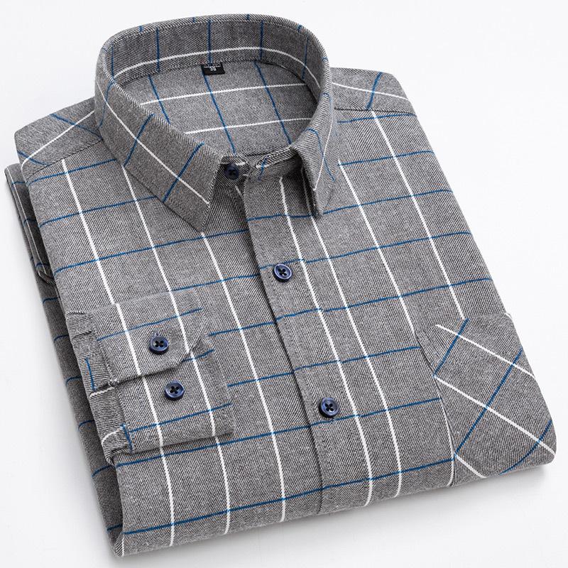 Men's Spring and Autumn Brushed Cotton Top Plaid T-shirt Casual Long Sleeve Turn Down Collar Shirt