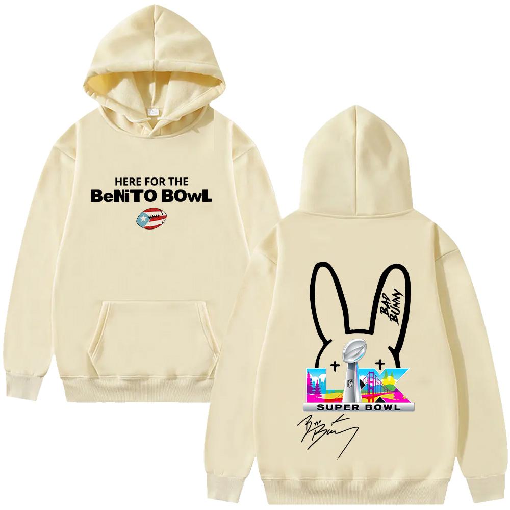 Buy Bad Bunny Super Bowl Hoodies Here For The Benito Bowl Signature Sweatshirts Long Sleeve Street Pullover Fleece Pullover Oversized Y2k Streetwear
