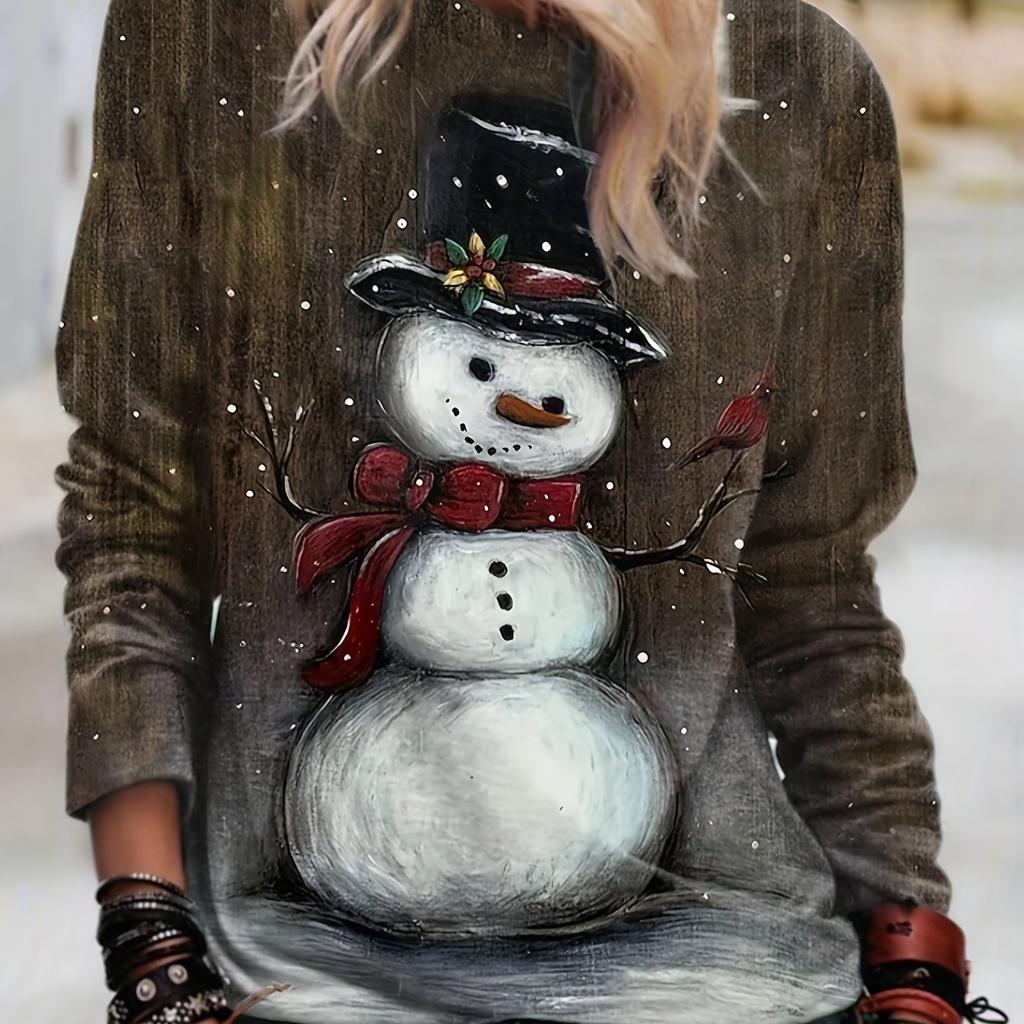 Christmas women's casual snowman printed round neck long sleeve loose top spring and autumn base T-shirt