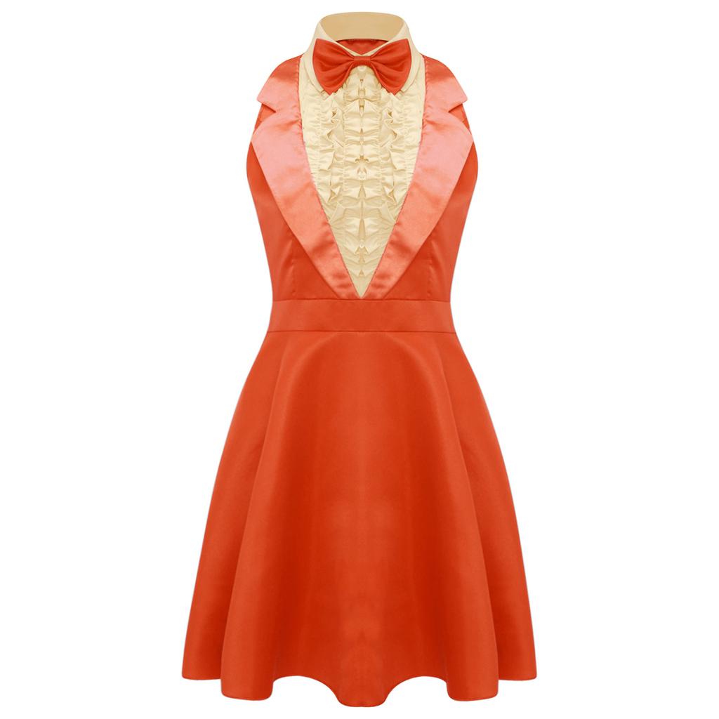 Abito Cosplay Retrò da Donna Anni '70 '80 Design Dumber Cravattino Bavero Senza Maniche Petto Arricciato Linea ad A Abito da Festa