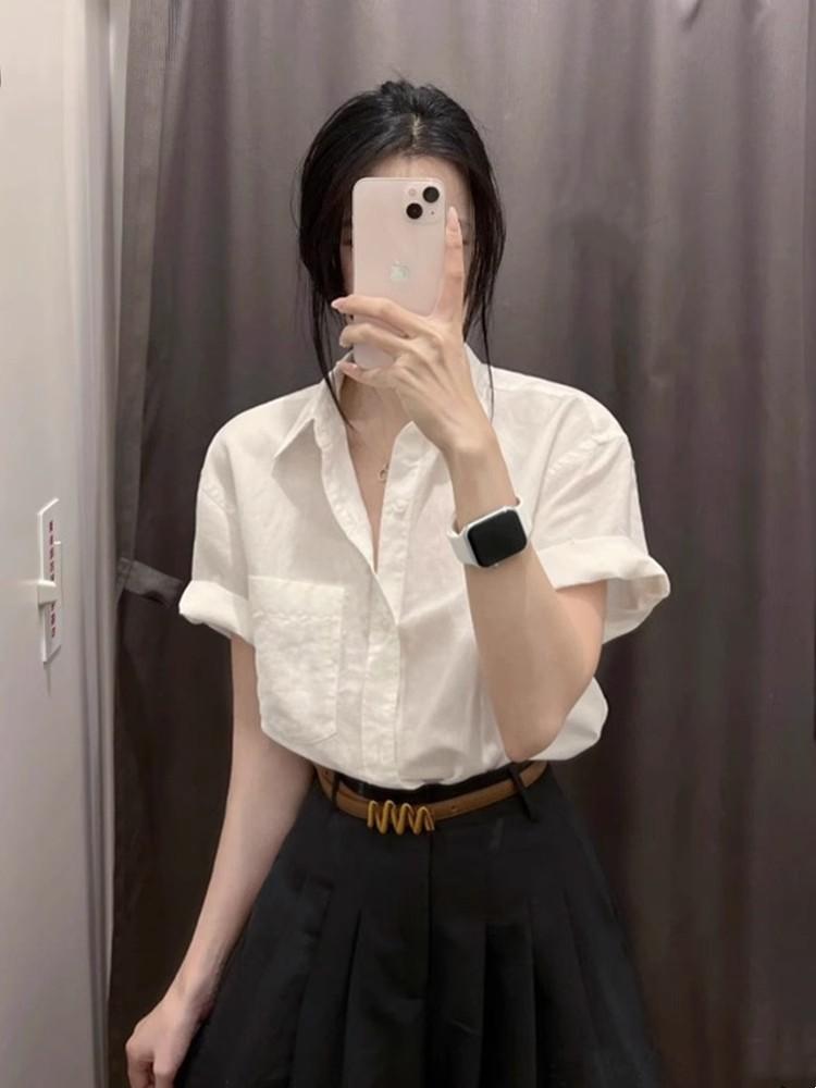 Green Cotton and Linen Front Shoulder Short-sleeved Shirt Women's Summer Thin Feel Super Good-looking Linen Shirt Polo Collar Top