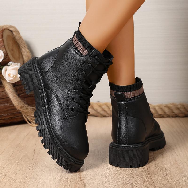 Fashion Short-thigh Boots Autumn New Round Toe Front Lace-up Platform Non-slip Wear-resistant Block Heel Boots