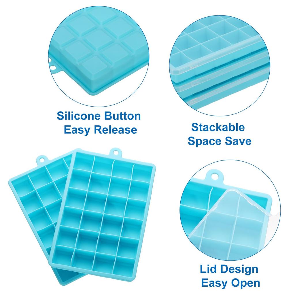 uxcell Silicone Square Ice Cube Tray with Lid, Ice Cube Mold for Freezer, Coffee Bartender Accessories, Light Blue, 24 Grids, 4 Pieces
