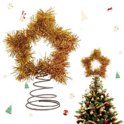 Tinsel Fringe Christmas Tree Topper Metallic Golden Star/Moon/Heart Christmas Treetop Ornament for Xmas Tree Decoration Holiday Party Supplies