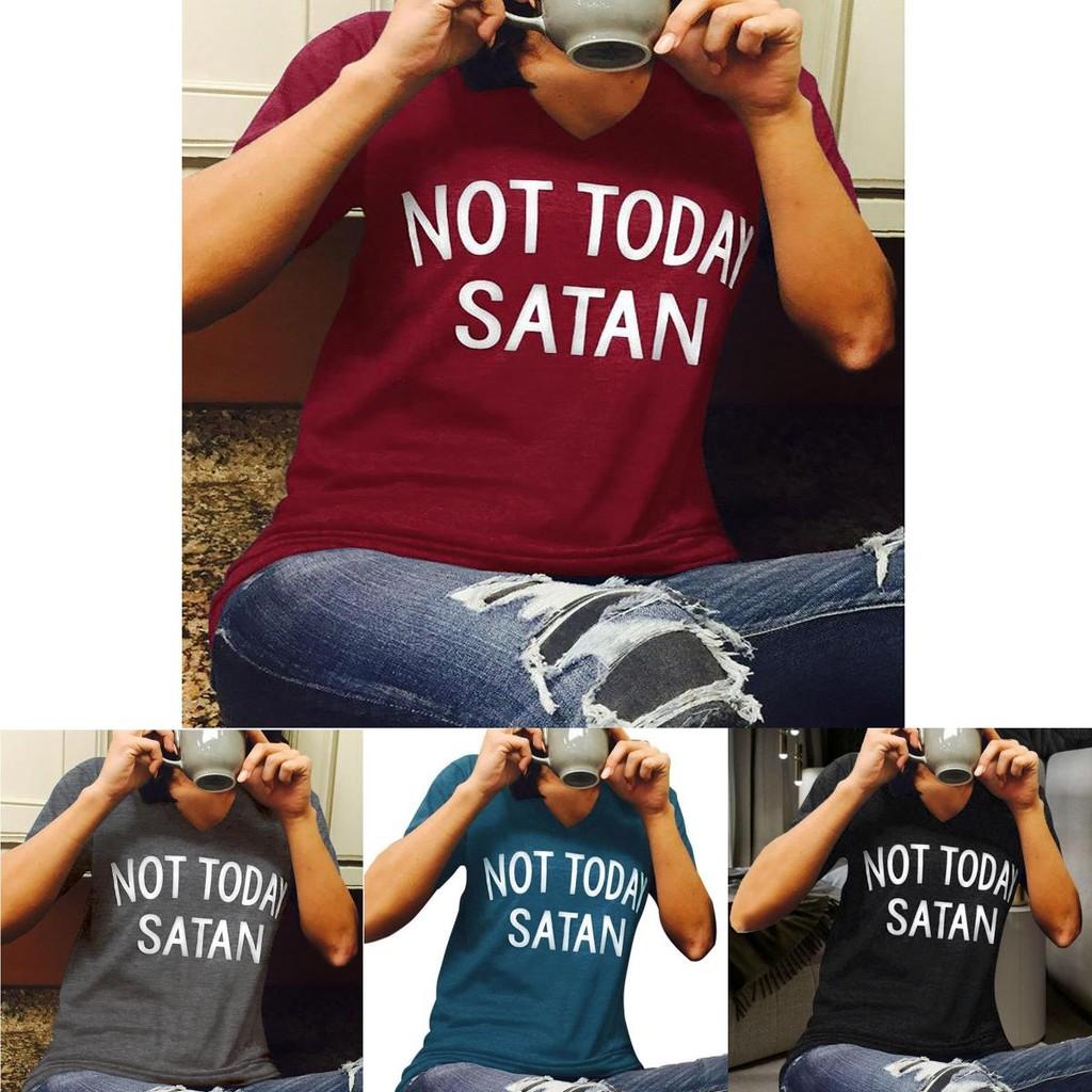 Stylowy Damski T-shirt 'Nie Dziś Szatanie' Wygodny Codzienny Top z Krótkim Rękawem i Dekoltem V
